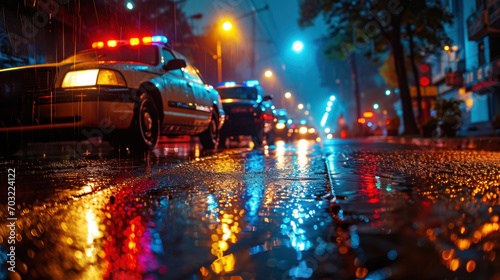 Police cars with flashing lights parked on a wet city street at night photo