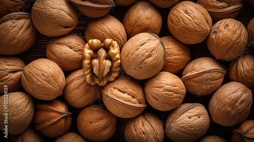 Close-up of a rich tapestry of walnuts filling the frame with their earthy tones photo
