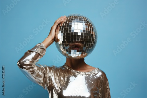 A fashionable woman wearing a silver outfit poses putting a vintage disco ball on her head, set against a blue studio backdrop.