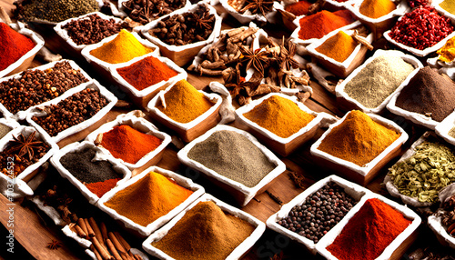 Beautiful Vast array of different spices, photojournalism, aerial top view, closeup depth of field, chroma, studio lighting, food photography.