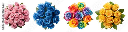 Collection set of salmon pink blue rainbow yellow bouquet bunch of rose roses flower floral top view on transparent background cutout, PNG file. Mockup template artwork graphic design #703224593