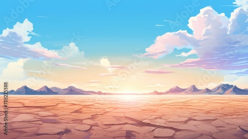 Last lake desert drought landscape illustration in cartoon style. Scenery abstract background