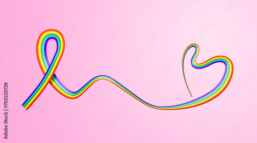 Fototapeta premium 3d Flag Of Rainbow Heart Shaped Wavy Awareness Ribbon flag On Soft Pink Background 3d Illustration