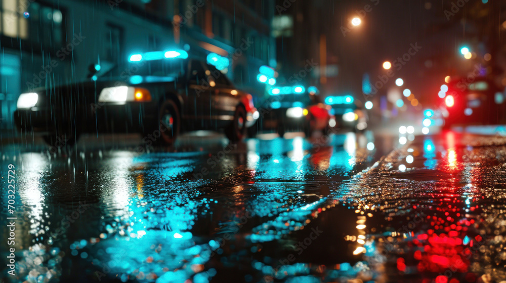 Police cars with flashing lights parked on a wet city street at night