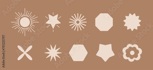 Brutalist abstract geometric shapes and grids. Brutal contemporary figure star oval spiral flower and other primitive elements. Swiss design aesthetic.