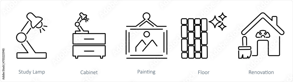 A set of 5 Home Interior icons as study lamp, cabinet, painting A set of 5 Home Interior icons as study lamp, cabinet, painting