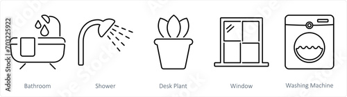 A set of 5 Home Interior icons as bathroom, shower, desk plant