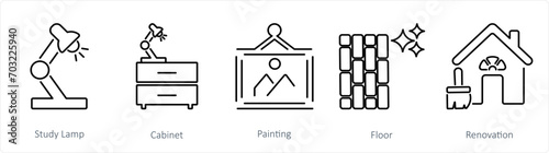 A set of 5 Home Interior icons as study lamp, cabinet, painting