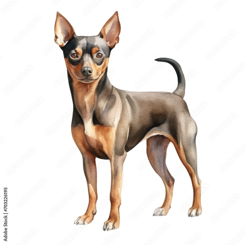 Miniature Pincher dog breed watercolor illustration. Cute pet drawing isolated on white background.