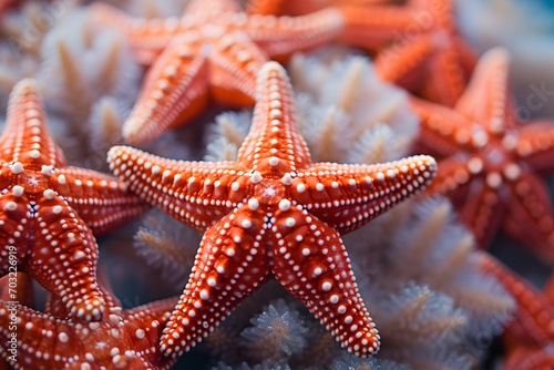 Exotic bright orange starfish with white dots at ocean ground