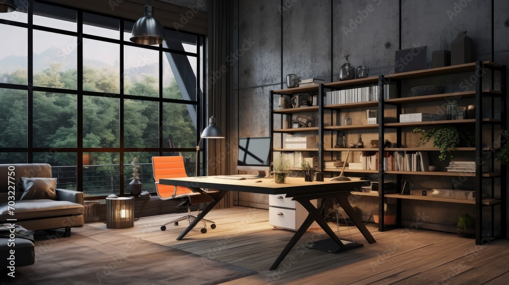 Modern home office interior in loft, industrial style, 3d render