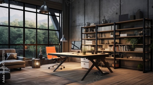 Modern home office interior in loft  industrial style  3d render