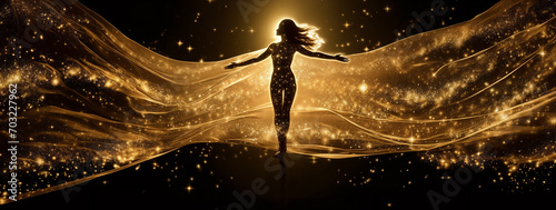 a woman with her arms spread out in the air with a gold dress on her body and a star filled background, radiant light, a hologram, fantasy art, generative ai