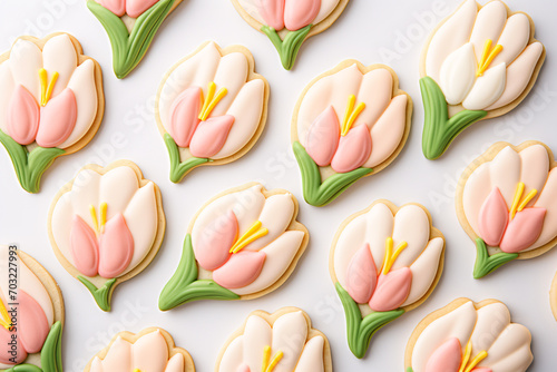 Top view of beautiful tulip flower shaped cookies with icing photo