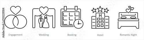 A set of 5 Honeymoon icons as engagement, wedding, booking
