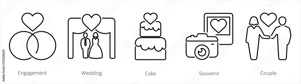A set of 5 Honeymoon icons as engagement, wedding, cake A set of 5 Honeymoon icons as engagement, wedding, cake