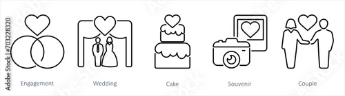 A set of 5 Honeymoon icons as engagement, wedding, cake