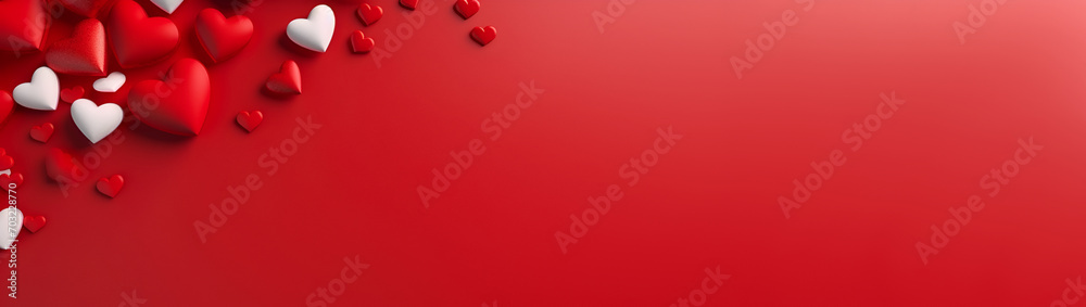 Festive Valentine's Day banner background with a bright red base, adorned by red and white hearts, providing ample space for copy text. Valentine's  Holiday banner concept.