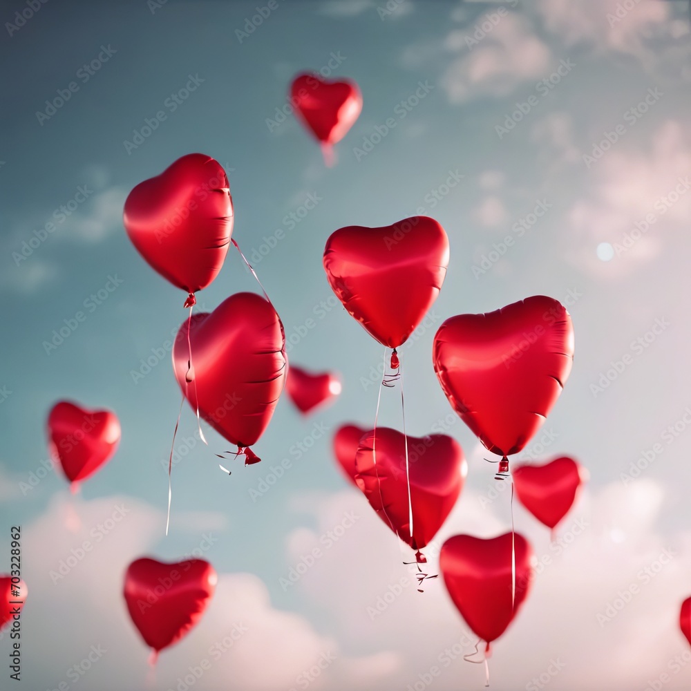 Heart Shaped Balloons Floating in the Bright Sky for Valentine's Day Background