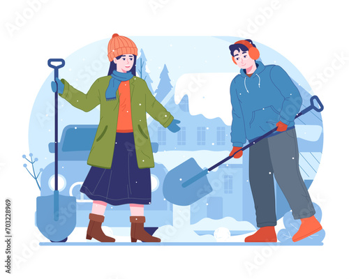 People working with shovels clearing snowdrift