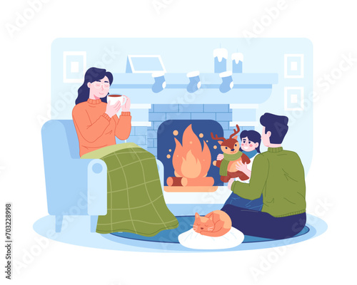 Cozy winter scene with a fireplace