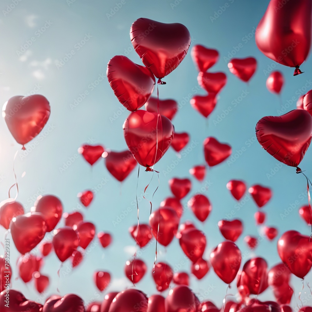 Heart Shaped Balloons Floating in the Bright Sky for Valentine's Day Background Heart Shaped Balloons Floating in the Bright Sky for Valentine's Day Background
