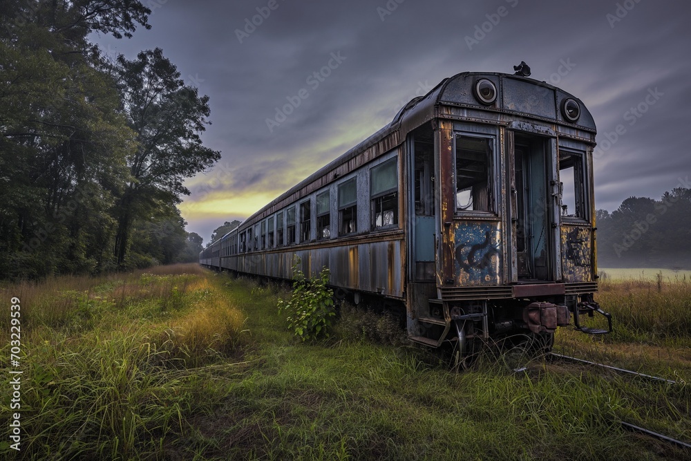 Fototapeta premium Old Train. Capturing the Soul of Decommissioned Trains in a Stunning Photographic Journey Through Time and Decay