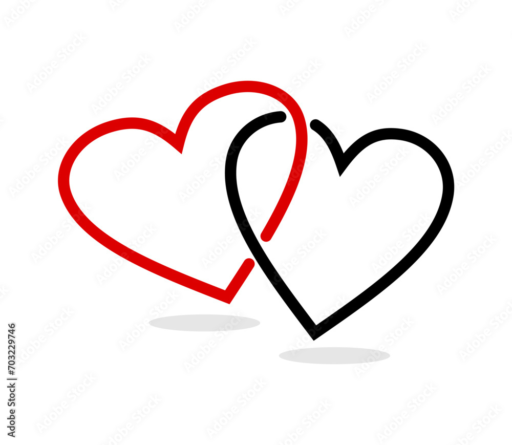 Two hearts connected. Interlocked two hearts icon. Love design element.
