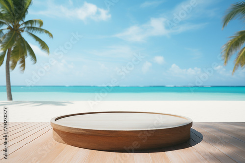 Summer beach themed background for advetrising product display, stone podium