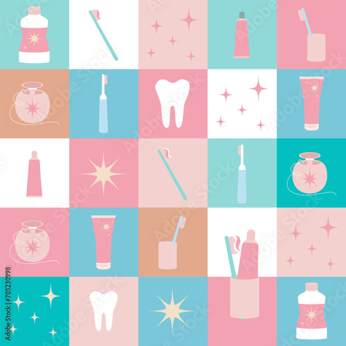 Vector oral care dental quilt seamless pattern or background with abstract geometric, simple shapes. Mouth cleaning tools, brushes, paste, floss, tooth, rinse or mouthwash.
