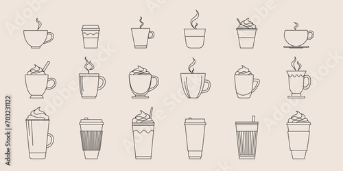 Set of drinks in different cups, mugs and paper cups. Coffee, juices, tea, milkshake. Set of vector icons. Isolated symbols for cafe, breakfast and drink design.