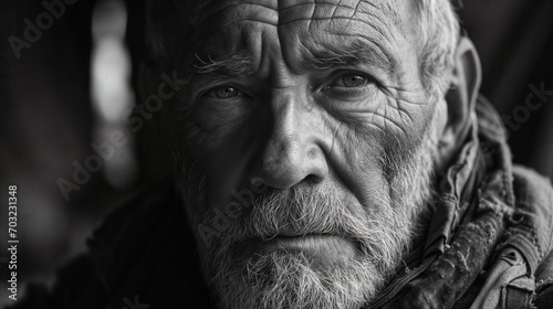 a black and white photo of an older man with a beard