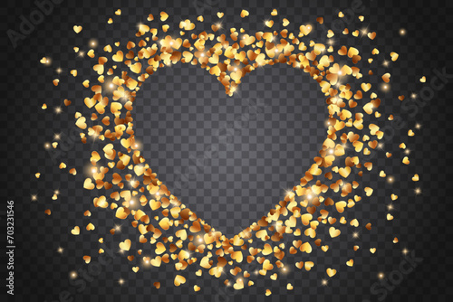 Heart frame from gold confetti on a transparent background. Heart confetti for Women's Day. Design element for Valentine’s Day, wedding and birthday poster, flyer, greeting card, banner.