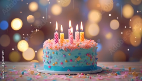 Celebration birthday cake with colorful sprinkles and colorful birthday candles. Generative AI.