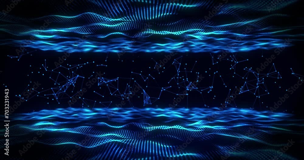 Abstract glowing wave of particles and dots moving on blue background, big data visualization, futuristic and digital background with plexus, 3D, 4K, seamless loop.