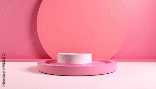 Product display podium with gift boxes and balloon on pink background. Generative AI.