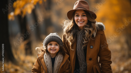 Cozy photo of mother and daughter walking in autumn park