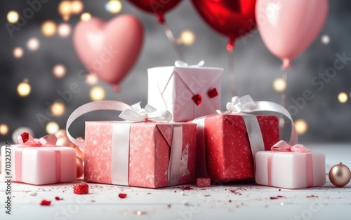 Happy Valentine's Day. Holiday wedding. happy birthday. Festive background with heart, balloons and gift box. Generative AI.