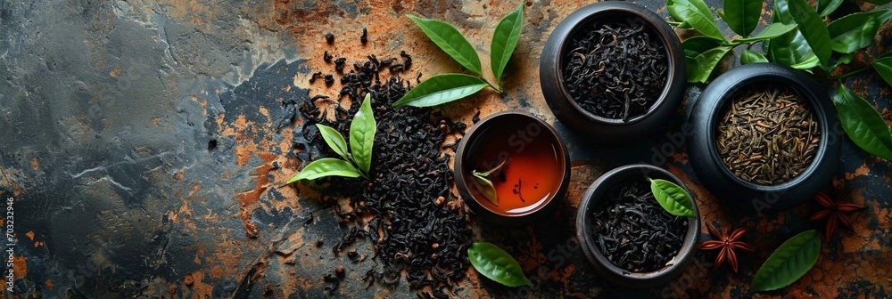 Fototapeta Herbal tea background. Tea cups with various dried tea leaves and flowers shot from above on rustic wooden table. Assortment of dry tea in ceramic bowls