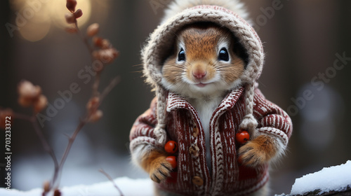 Chipmunks in a warm winter hat, outside