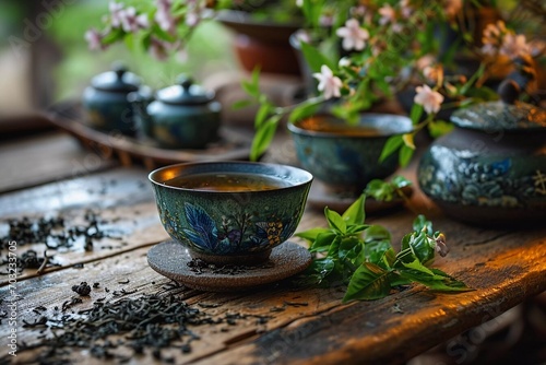 Herbal tea background. Tea cups with various dried tea leaves and flowers shot from above on rustic wooden table. Assortment of dry tea in ceramic bowls
