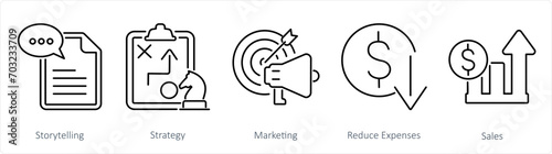 A set of 5 Increase Sale icons as storytelling, strategy, marketing