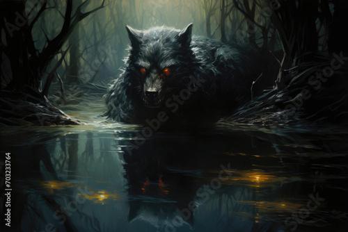 Artwork of a werewolf and its reflection in a rippling forest pond under moonlight
