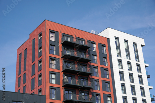 Residential tower block exterior of modern city apartments. Urban housing 