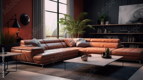 modern living room with modern sofa and pillows on carpet