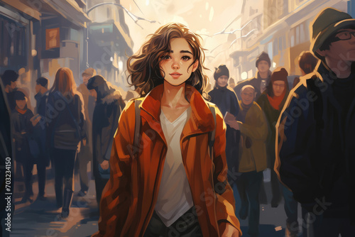 Beautiful young girl lost in a crowd of strangers