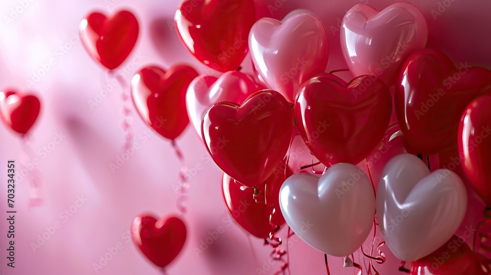 Red and white and pink heart shaped balloons on stylish background. Valentine's Day concept Red and white and pink heart shaped balloons on stylish background. Valentine's Day concept