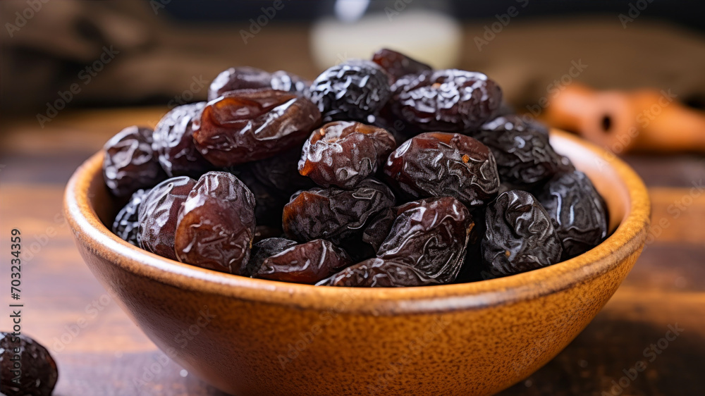 Dried dates in a bowl on wooden background, selective focus. Dried dates in a bowl on wooden background, selective focus.
