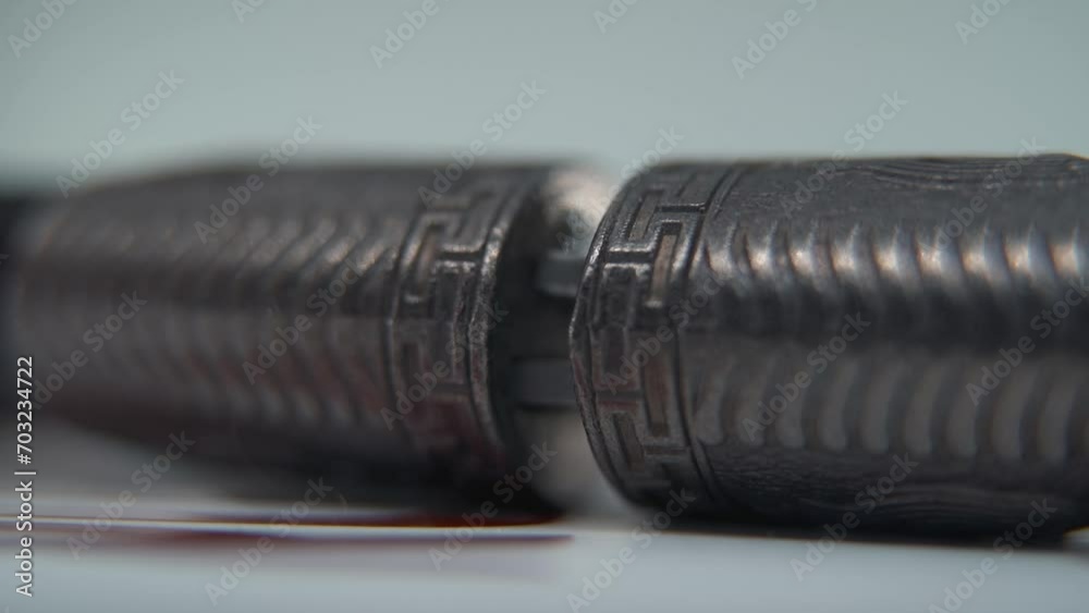 A detailed macro shot of two ancient silver knifes closing, Chinese antique weapon, historical vintage blade, old textured steel, traditional dagger, professional light, cinematic slow motion 120 fps A detailed macro shot of two ancient silver knifes closing, Chinese antique weapon, historical vintage blade, old textured steel, traditional dagger, professional light, cinematic slow motion 120 fps
