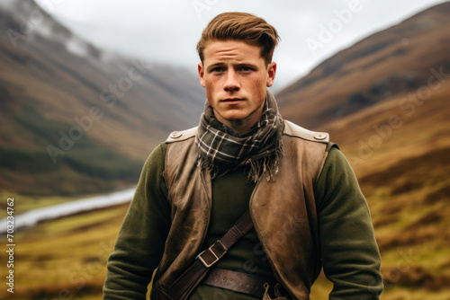 A young attractive guy stands in a national Scottish costume against the backdrop of green misty hills photo